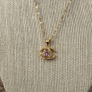 Chic Gold tone,stainless steel Necklace with Pink Gem